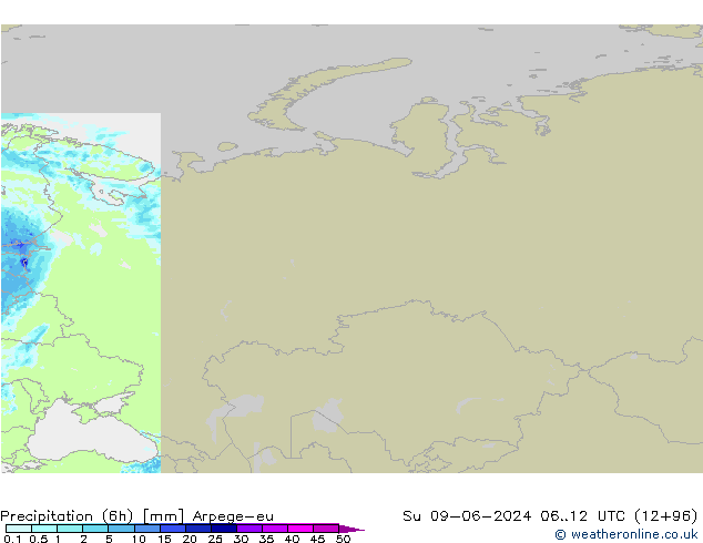 Precipitation (6h) Arpege-eu Su 09.06.2024 12 UTC