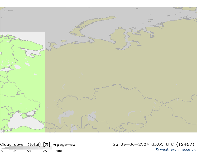 zachmurzenie (suma) Arpege-eu nie. 09.06.2024 03 UTC