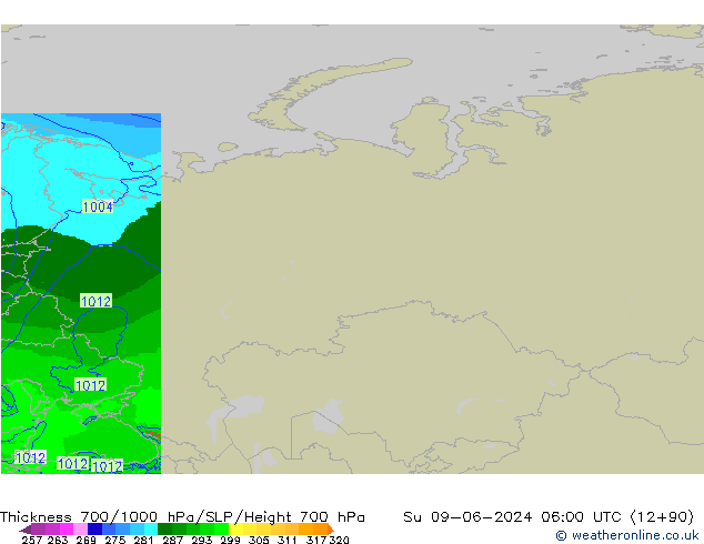 Espesor 700-1000 hPa Arpege-eu dom 09.06.2024 06 UTC