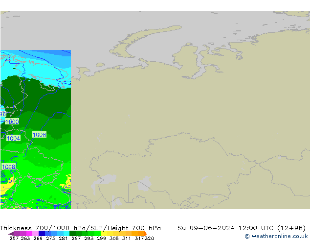 Thck 700-1000 hPa Arpege-eu dim 09.06.2024 12 UTC