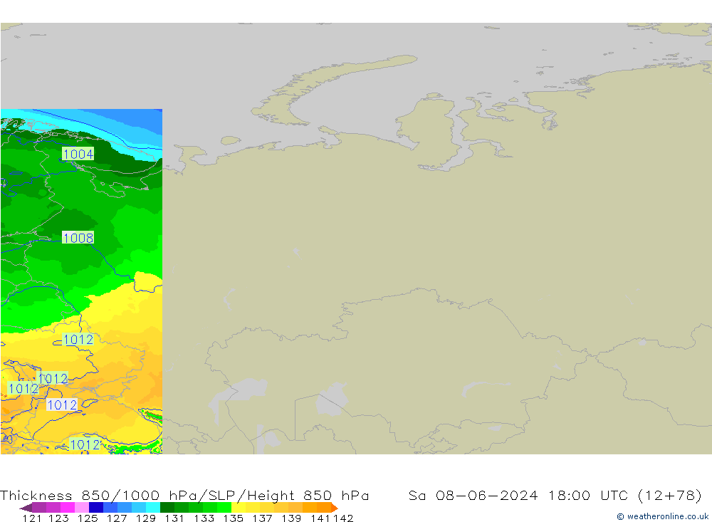 Thck 850-1000 hPa Arpege-eu so. 08.06.2024 18 UTC