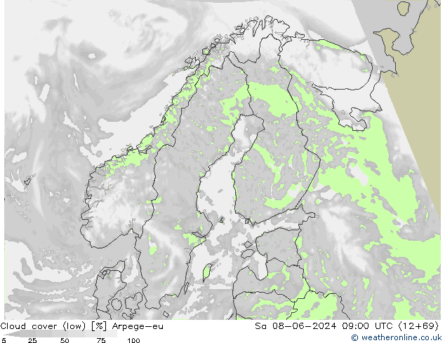 Cloud cover (low) Arpege-eu Sa 08.06.2024 09 UTC