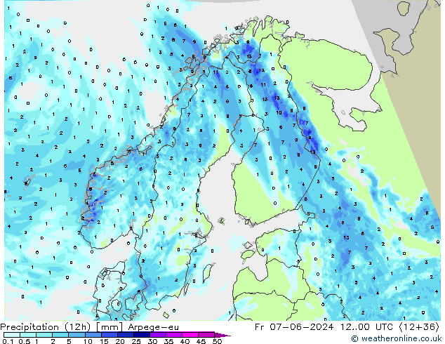 Precipitation (12h) Arpege-eu Pá 07.06.2024 00 UTC