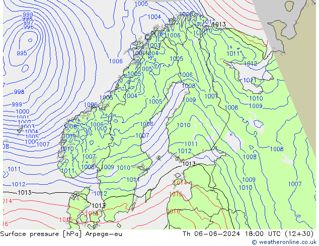 Atmosférický tlak Arpege-eu Čt 06.06.2024 18 UTC