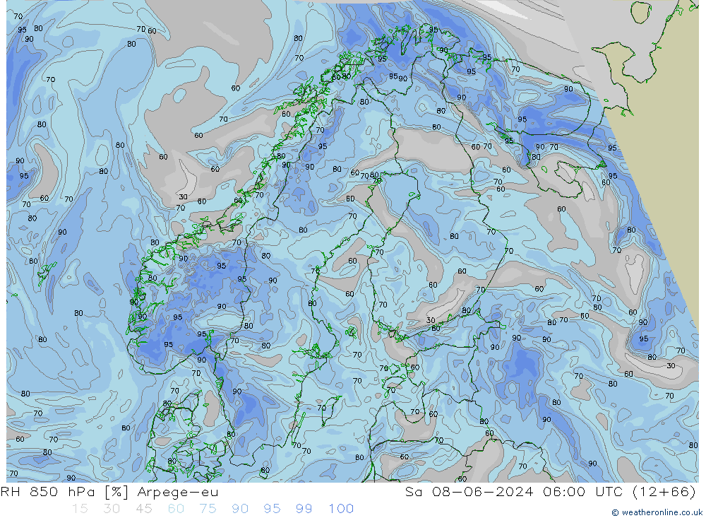 Humidité rel. 850 hPa Arpege-eu sam 08.06.2024 06 UTC