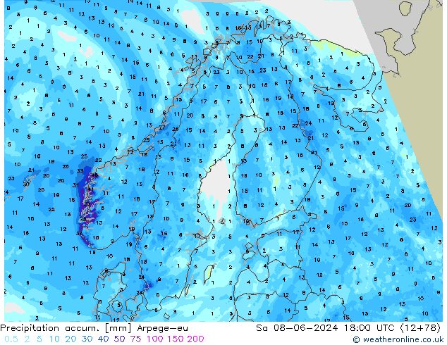 Precipitation accum. Arpege-eu So 08.06.2024 18 UTC