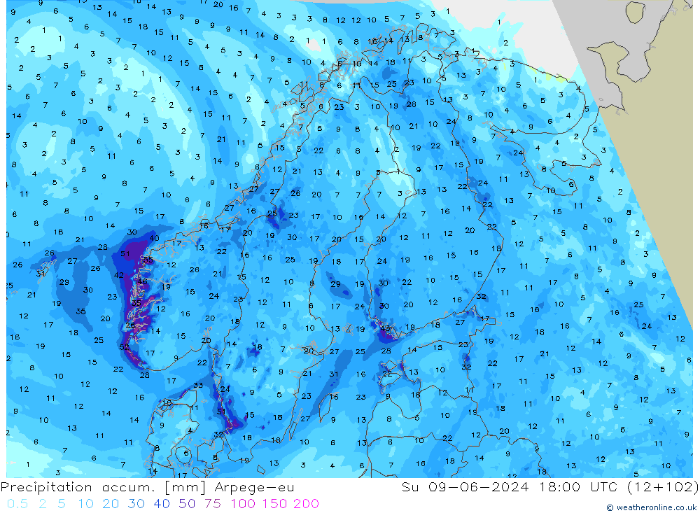 Precipitación acum. Arpege-eu dom 09.06.2024 18 UTC