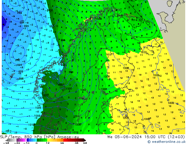 SLP/Temp. 850 hPa Arpege-eu Mi 05.06.2024 15 UTC