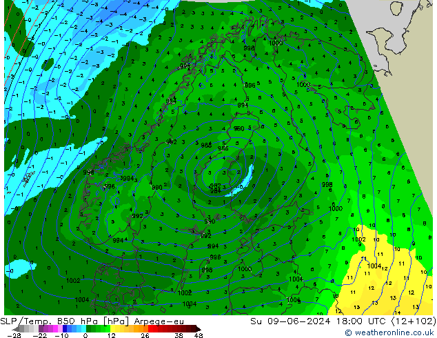 SLP/Temp. 850 hPa Arpege-eu So 09.06.2024 18 UTC