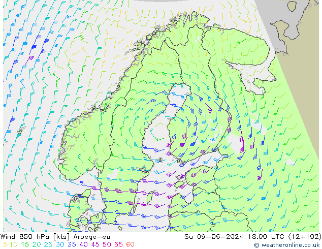 Rüzgar 850 hPa Arpege-eu Paz 09.06.2024 18 UTC