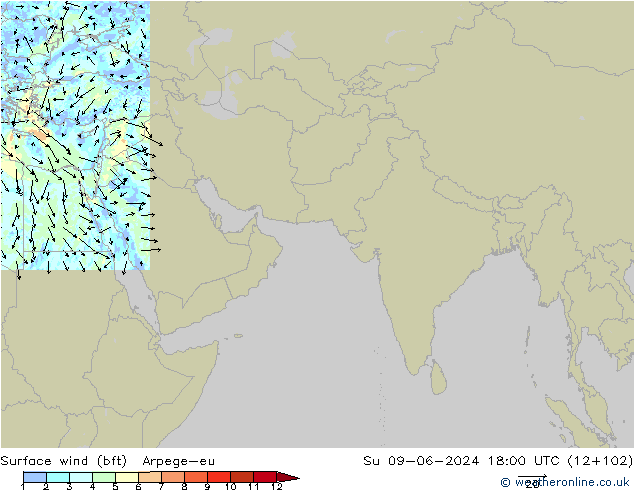 Surface wind (bft) Arpege-eu Su 09.06.2024 18 UTC