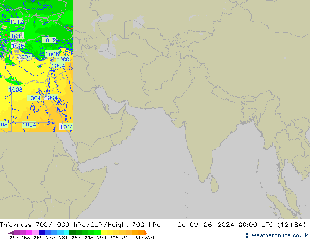 Thck 700-1000 hPa Arpege-eu dom 09.06.2024 00 UTC