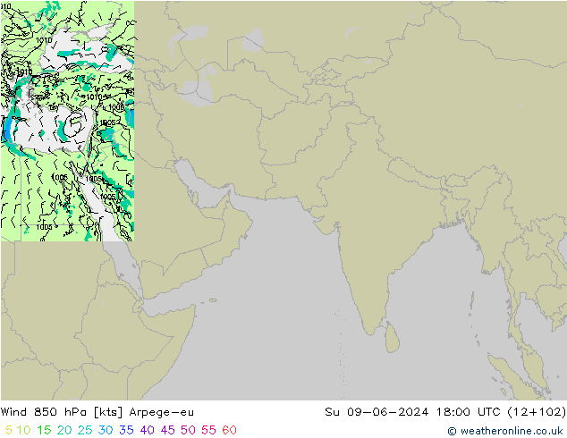 ветер 850 гПа Arpege-eu Вс 09.06.2024 18 UTC