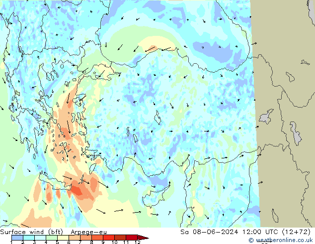 Surface wind (bft) Arpege-eu Sa 08.06.2024 12 UTC