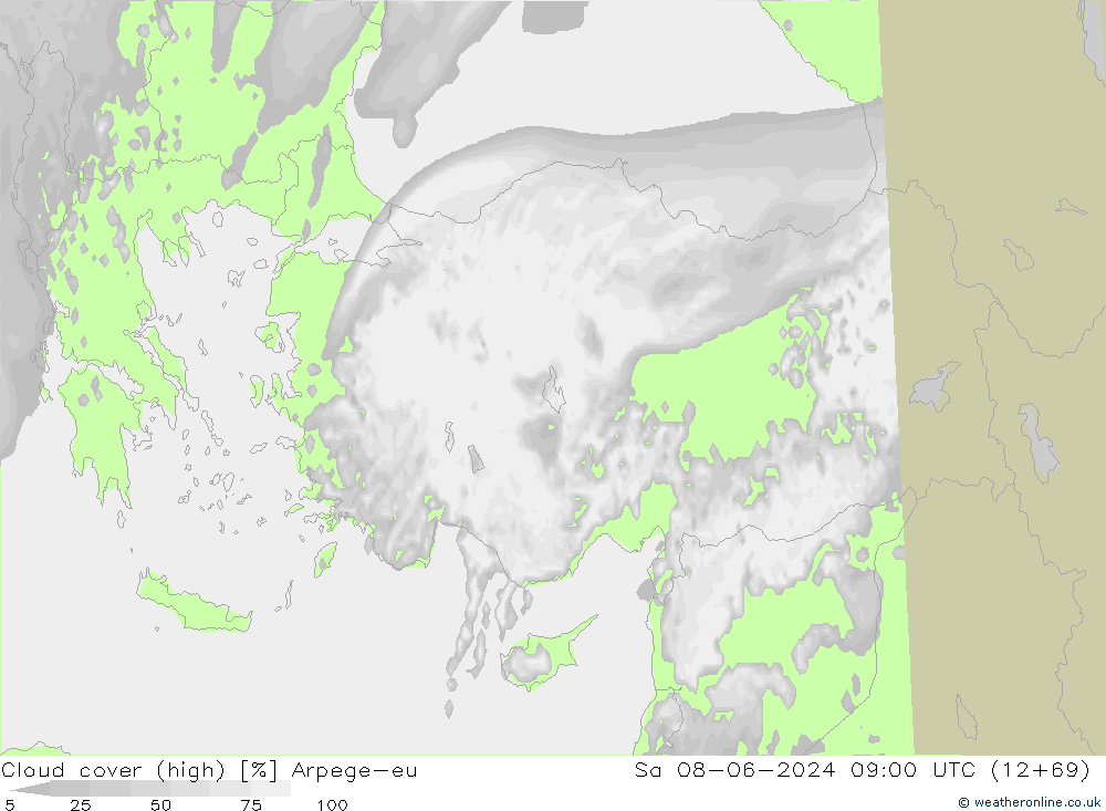 Cloud cover (high) Arpege-eu Sa 08.06.2024 09 UTC