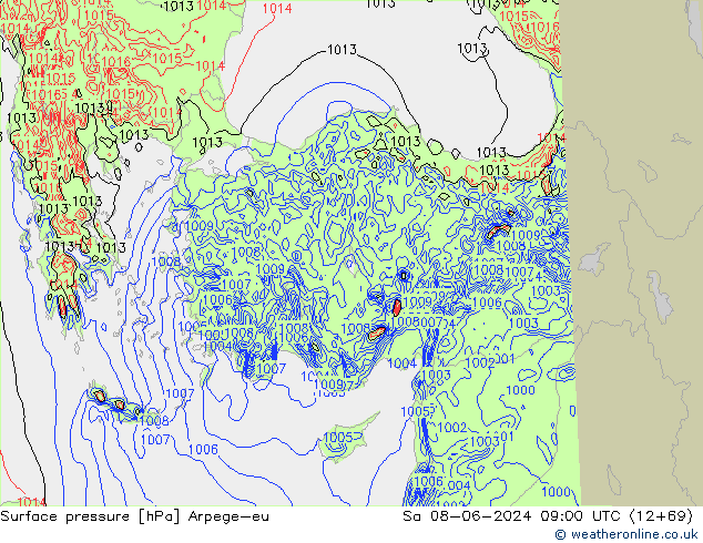 Presión superficial Arpege-eu sáb 08.06.2024 09 UTC