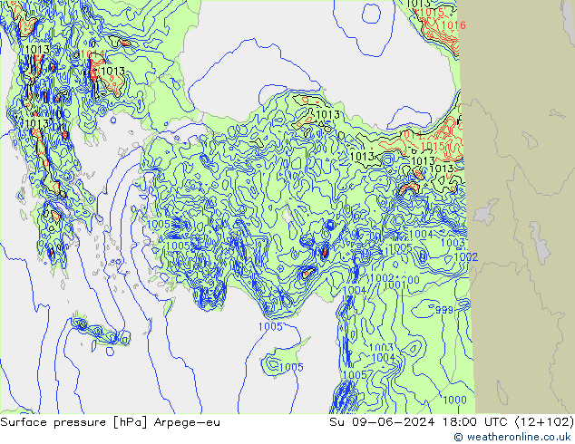 Atmosférický tlak Arpege-eu Ne 09.06.2024 18 UTC