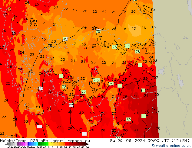 Height/Temp. 925 hPa Arpege-eu Ne 09.06.2024 00 UTC