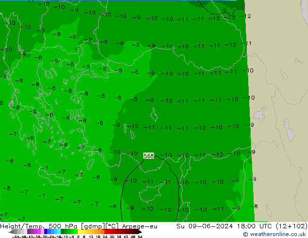 Geop./Temp. 500 hPa Arpege-eu dom 09.06.2024 18 UTC