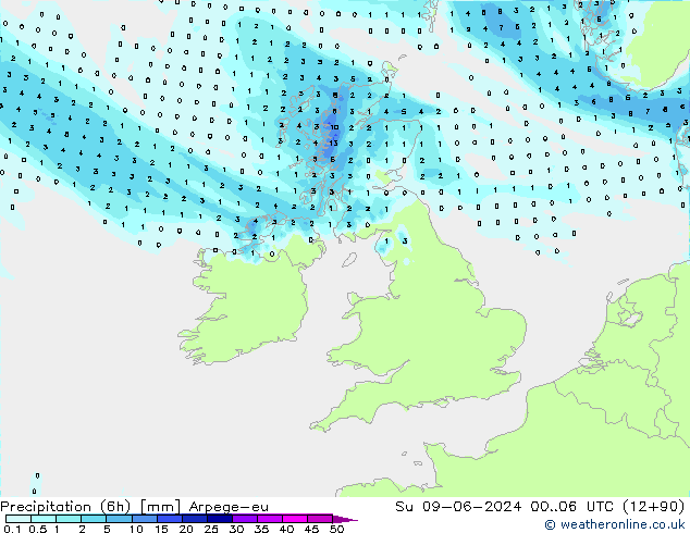 Yağış (6h) Arpege-eu Paz 09.06.2024 06 UTC