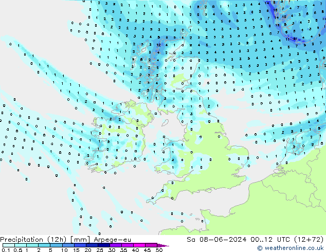осадки (12h) Arpege-eu сб 08.06.2024 12 UTC