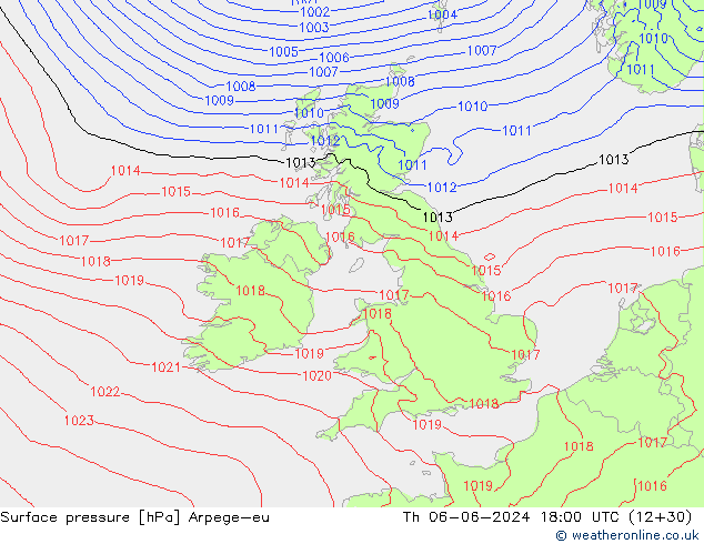 Atmosférický tlak Arpege-eu Čt 06.06.2024 18 UTC