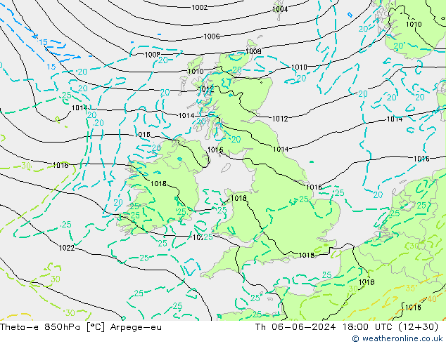 Theta-e 850hPa Arpege-eu jue 06.06.2024 18 UTC