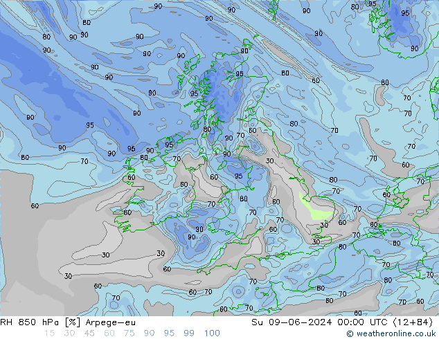 RH 850 hPa Arpege-eu Su 09.06.2024 00 UTC