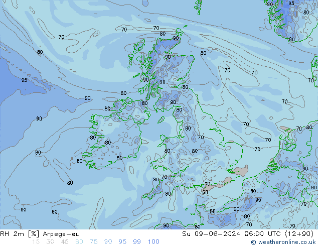 RH 2m Arpege-eu dom 09.06.2024 06 UTC