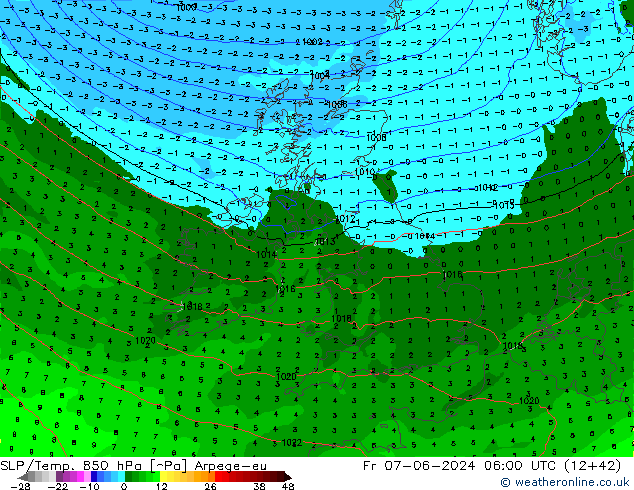 SLP/Temp. 850 hPa Arpege-eu vie 07.06.2024 06 UTC