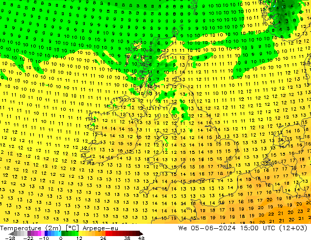 Temperatura (2m) Arpege-eu Qua 05.06.2024 15 UTC