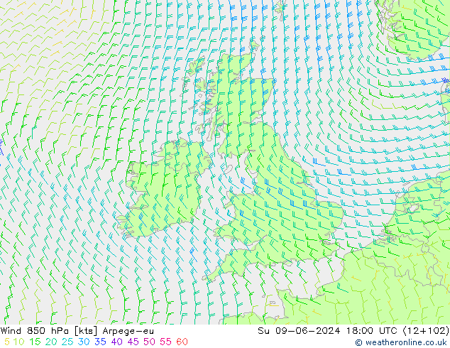 Viento 850 hPa Arpege-eu dom 09.06.2024 18 UTC