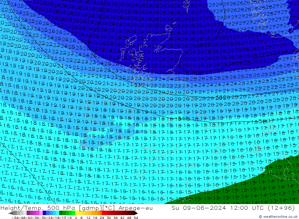 Height/Temp. 500 hPa Arpege-eu nie. 09.06.2024 12 UTC