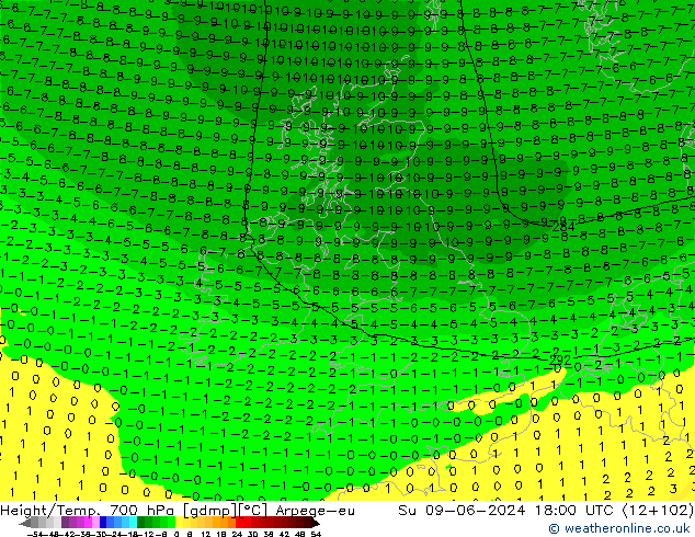 Geop./Temp. 700 hPa Arpege-eu dom 09.06.2024 18 UTC