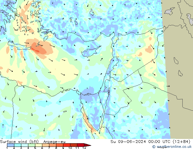 Surface wind (bft) Arpege-eu Su 09.06.2024 00 UTC