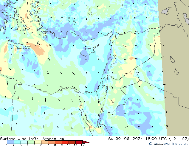 Wind 10 m (bft) Arpege-eu zo 09.06.2024 18 UTC