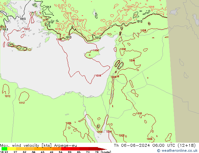 Max. wind velocity Arpege-eu jeu 06.06.2024 06 UTC