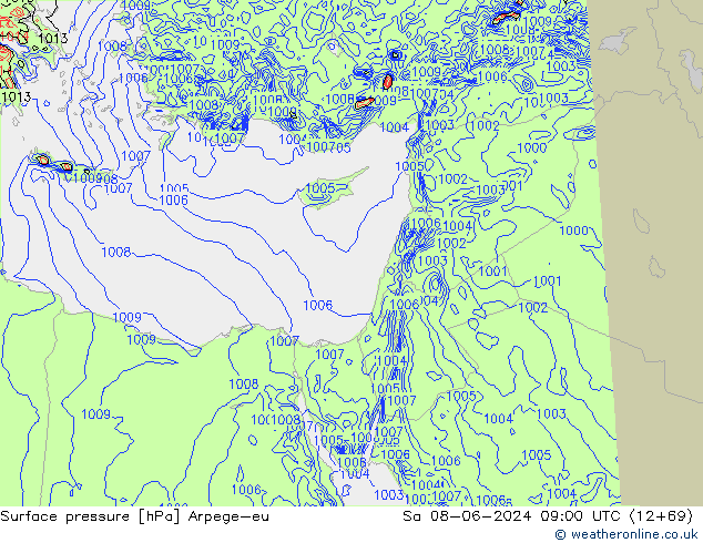 Presión superficial Arpege-eu sáb 08.06.2024 09 UTC