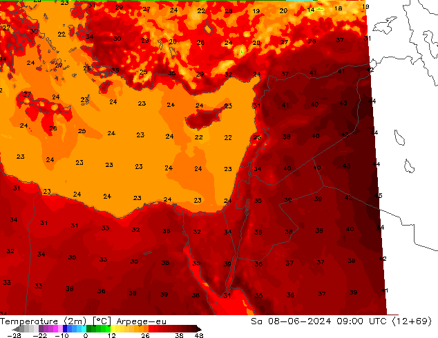 mapa temperatury (2m) Arpege-eu so. 08.06.2024 09 UTC