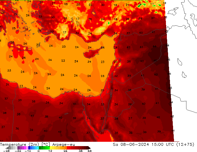 Temperatuurkaart (2m) Arpege-eu za 08.06.2024 15 UTC