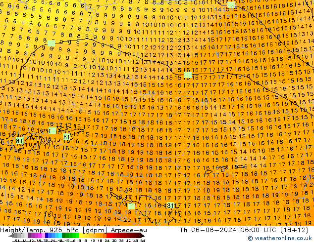 Height/Temp. 925 hPa Arpege-eu czw. 06.06.2024 06 UTC