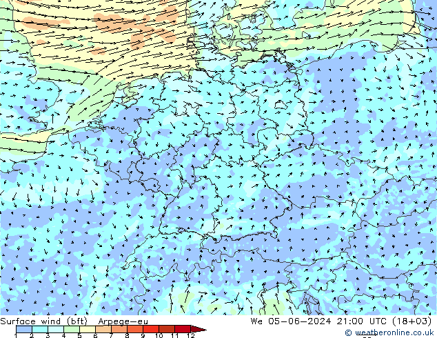 Wind 10 m (bft) Arpege-eu wo 05.06.2024 21 UTC