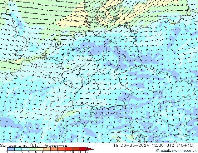 Vent 10 m (bft) Arpege-eu jeu 06.06.2024 12 UTC
