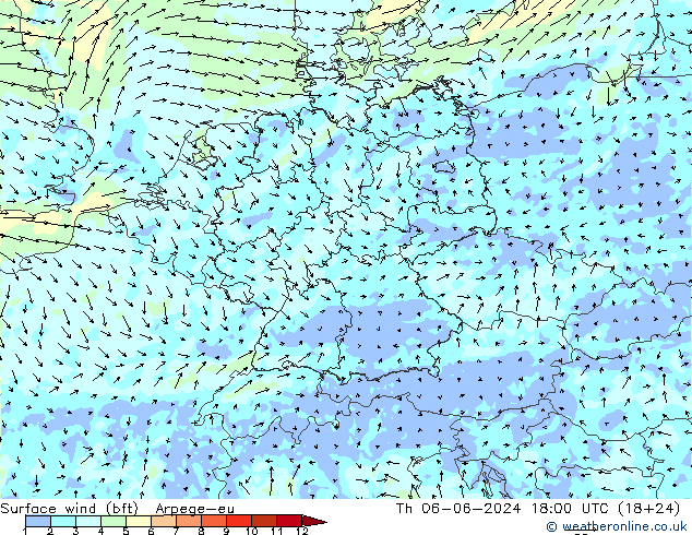 Wind 10 m (bft) Arpege-eu do 06.06.2024 18 UTC