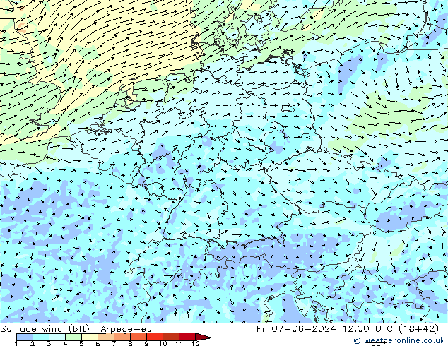 Bodenwind (bft) Arpege-eu Fr 07.06.2024 12 UTC