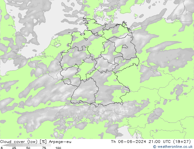 Cloud cover (low) Arpege-eu Th 06.06.2024 21 UTC