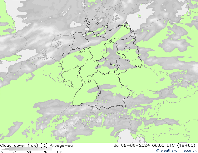 Cloud cover (low) Arpege-eu Sa 08.06.2024 06 UTC