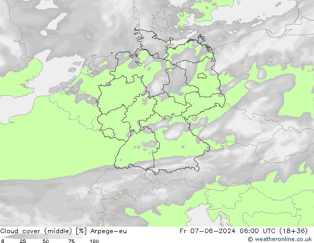 Wolken (mittel) Arpege-eu Fr 07.06.2024 06 UTC