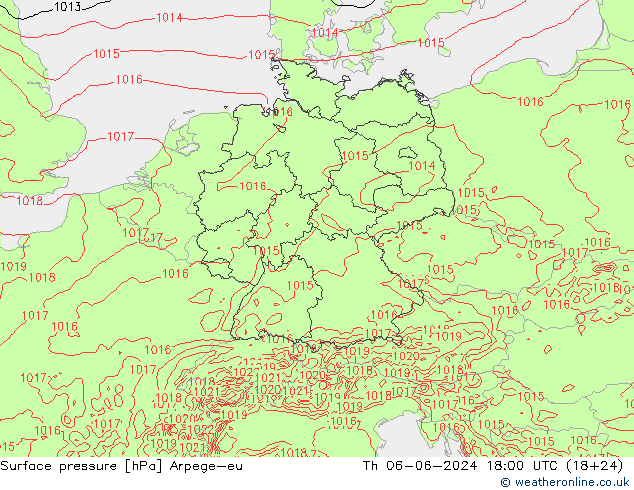 Atmosférický tlak Arpege-eu Čt 06.06.2024 18 UTC