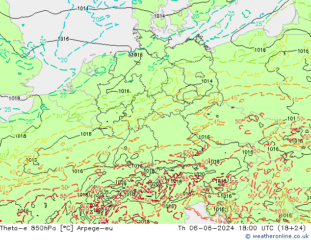 Theta-e 850hPa Arpege-eu do 06.06.2024 18 UTC